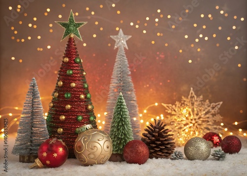 A captivating Christmas scene featuring miniature trees adorned with sparkling ornaments, nestled amongst warm fairy lights and pinecones, creating a festive and magical ambiance.