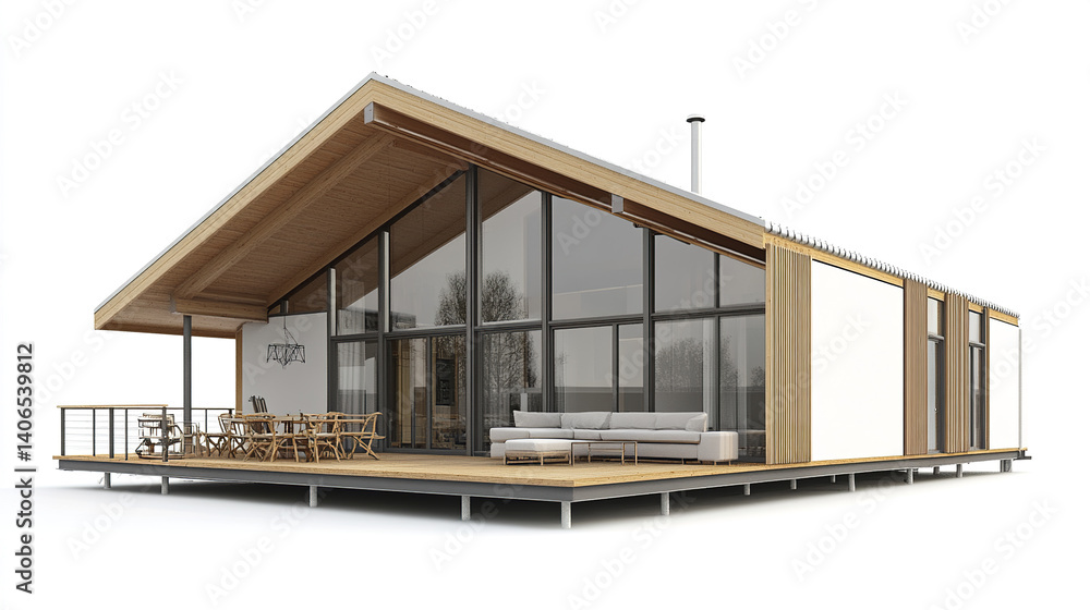 Fototapeta premium Modern prefabricated house with large windows and wooden deck