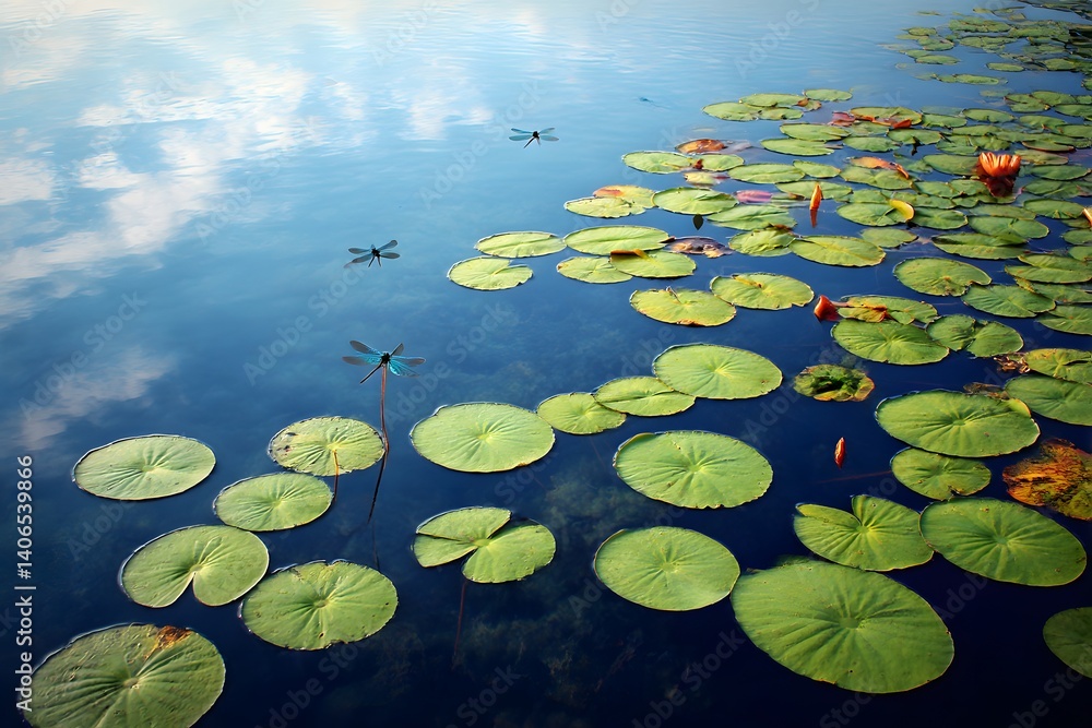 Lake surface with lily pads and dragonflies Lake surface with lily pads and dragonflies
