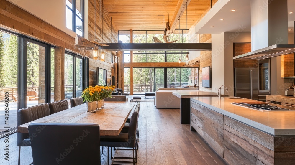 A modern kitchen and dining space blending rustic charm with contemporary design, featuring natural wood and sleek surfaces