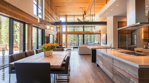 Obraz na płótnie A modern kitchen and dining space blending rustic charm with contemporary design, featuring natural wood and sleek surfaces w salonie
