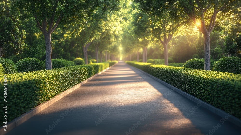 Obraz premium A serene pathway lined with trees and shrubs, illuminated by soft sunlight, creating a peaceful and inviting atmosphere.