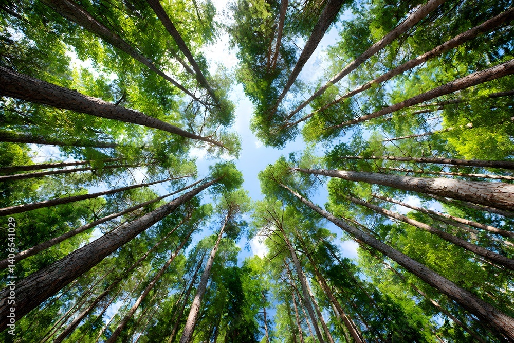 Fototapeta premium Low-angle forest view with tall trunks