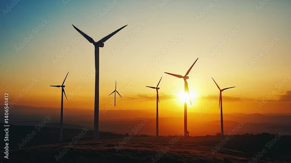Stunning sunset over serene landscape dotted with wind turbines, showcasing renewable energy and natures beauty, as silhouettes contrast against vibrant sky and horizon, promoting clean energy Stunning sunset over serene landscape dotted with wind turbines, showcasing renewable energy and natures beauty, as silhouettes contrast against vibrant sky and horizon, promoting clean energy