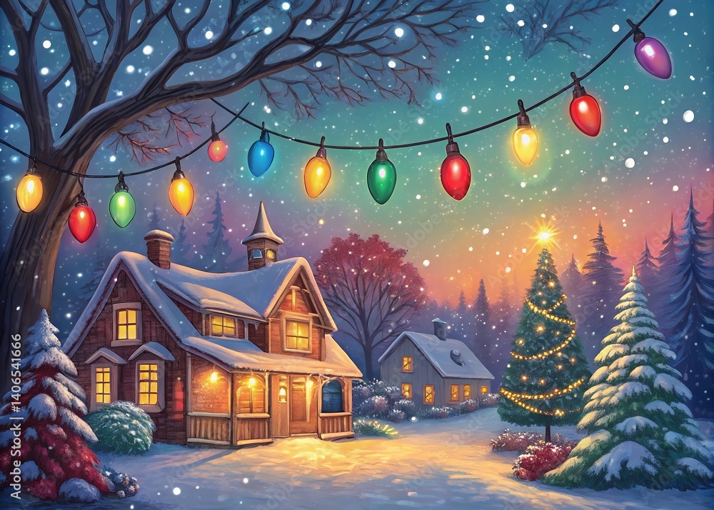 Fototapeta premium A charming snow-covered cottage glows warmly under a starlit sky, Christmas lights twinkling festively on a snowy winter's eve, creating a magical holiday scene.