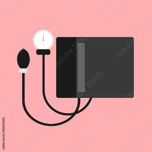 Illustration of a Manual Sphygmomanometer, symbol of a blood pressure measuring device in the field of medicine and healthcare, flat art design style.  