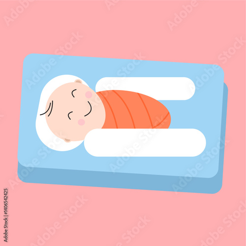 Cute newborn baby sound asleep on a baby mattress, wrapped in a blanket, smiling happily, in flat art design style