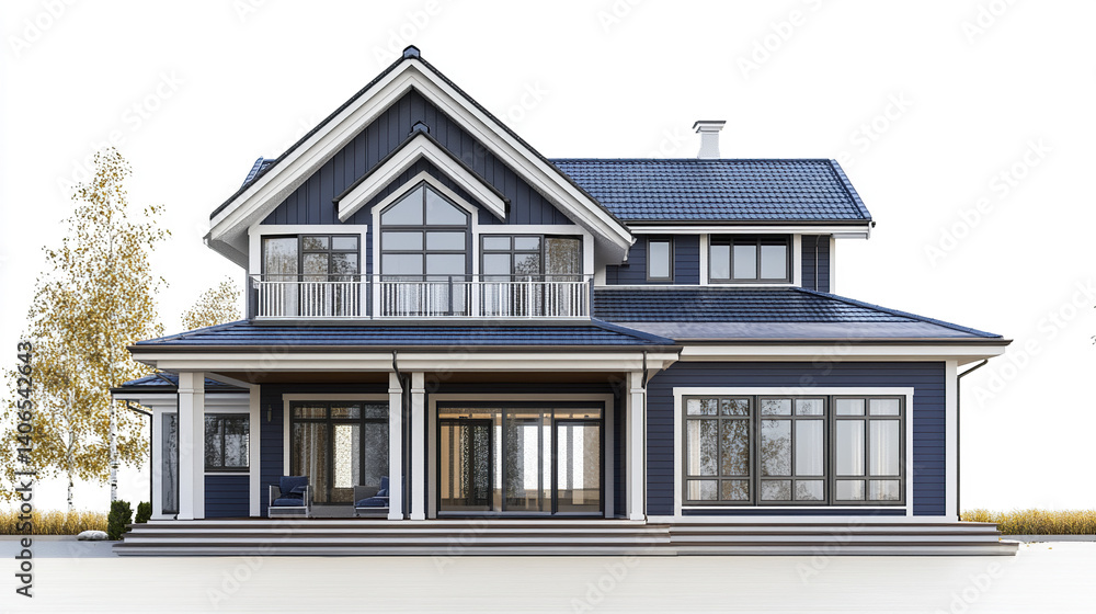 Fototapeta premium Modern blue house with large windows and porch, surrounded by trees