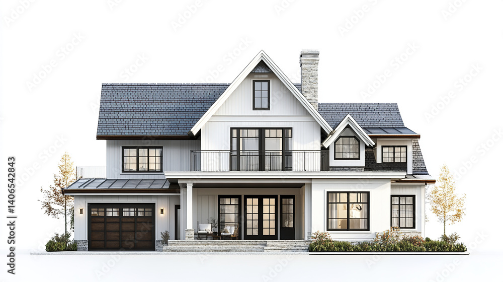 Modern farmhouse with gable roof and large windows, exuding charm Modern farmhouse with gable roof and large windows, exuding charm