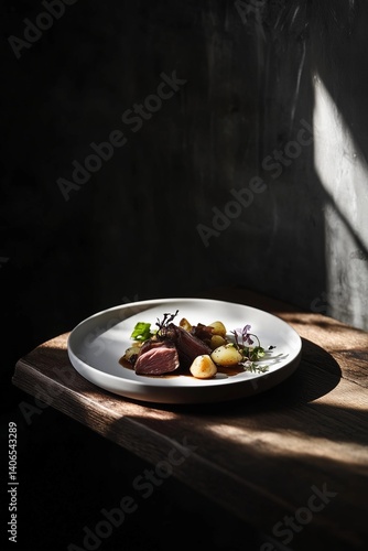 Gourmet dish featuring tender meat and potatoes presented elegantly on a rustic wooden table in subdued lighting