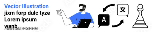 Man using laptop gestures to symbols of translation, language exchange, and strategic thinking represented by arrows and chess pawn. Ideal for translation services, communication, strategy, teamwork