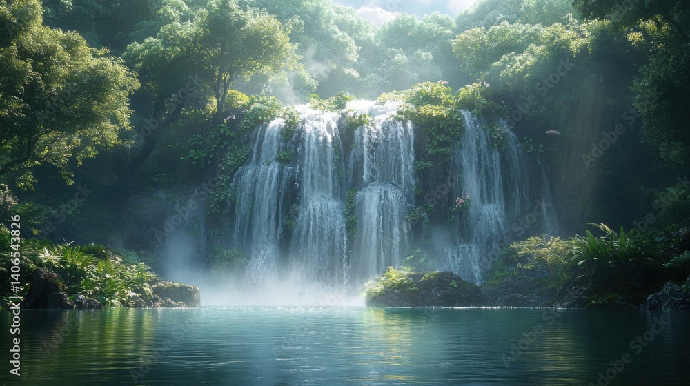 Fototapeta premium A serene waterfall cascades into a tranquil pool, surrounded by lush greenery and mist, creating a peaceful natural landscape.