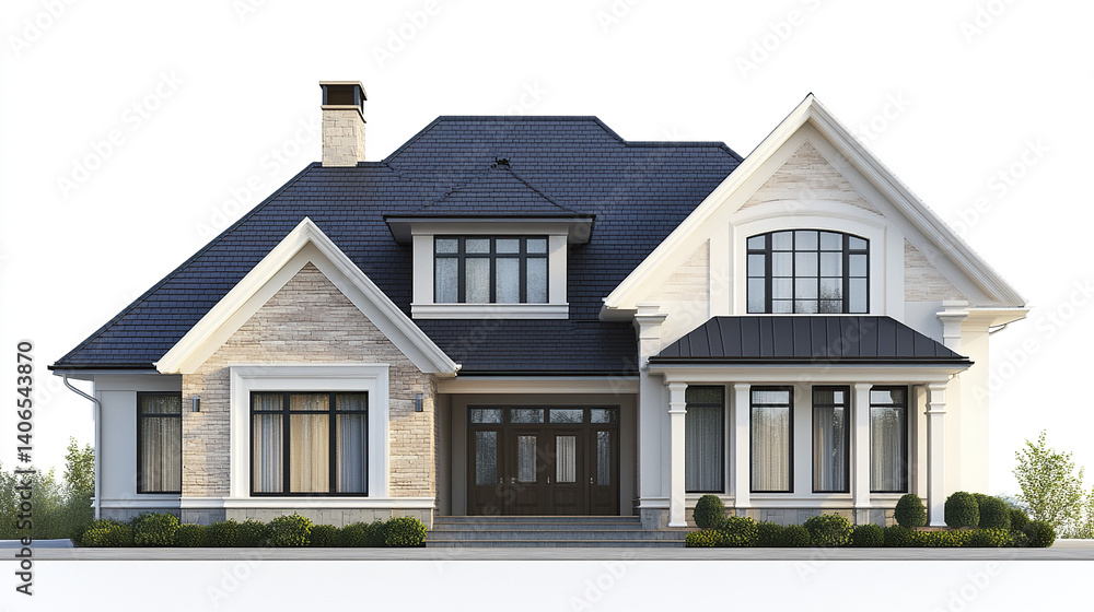Elegant modern house with large windows and dark roof, surrounded by greenery Elegant modern house with large windows and dark roof, surrounded by greenery