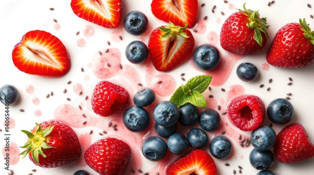 Mixed Berries Splash with Strawberries, Blueberries, and Blackberries on Gray Background – Fresh Fruit Explosion Concept

