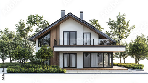 Wallpaper Mural Modern two story house with large windows and balcony surrounded by trees Torontodigital.ca