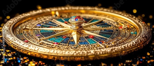 Wallpaper Mural Intricate, golden compass detailed with multi-colored gems against dark background Torontodigital.ca