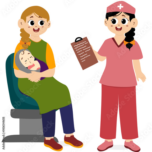 Midwife or doctor with newborn baby concept with her mother. Twin babies concept. Female nurse, doctor or midwife standing holding newborn baby in hands in maternity hospital vector illustration