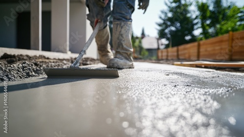Concrete finisher smoothing a freshly poured driveway for a residential property. Featuring detail and surface preparation