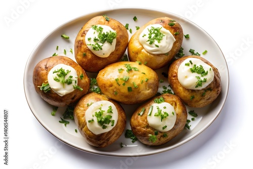 Deliciously topped roasted potatoes on a plate.