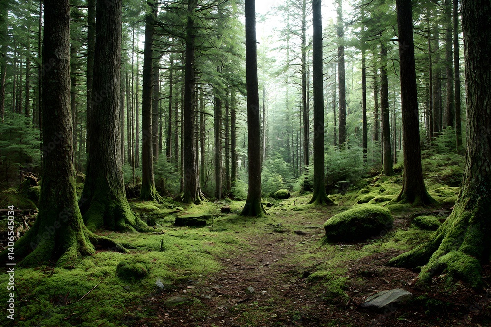 Obraz premium Old-growth forest with moss-covered trunks