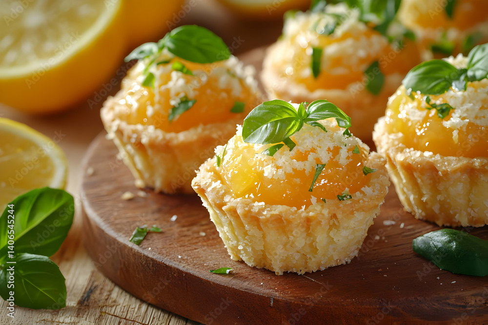 Close-up of Delicious Lemon Tarts Garnished with Basil and Cheese Close-up of Delicious Lemon Tarts Garnished with Basil and Cheese