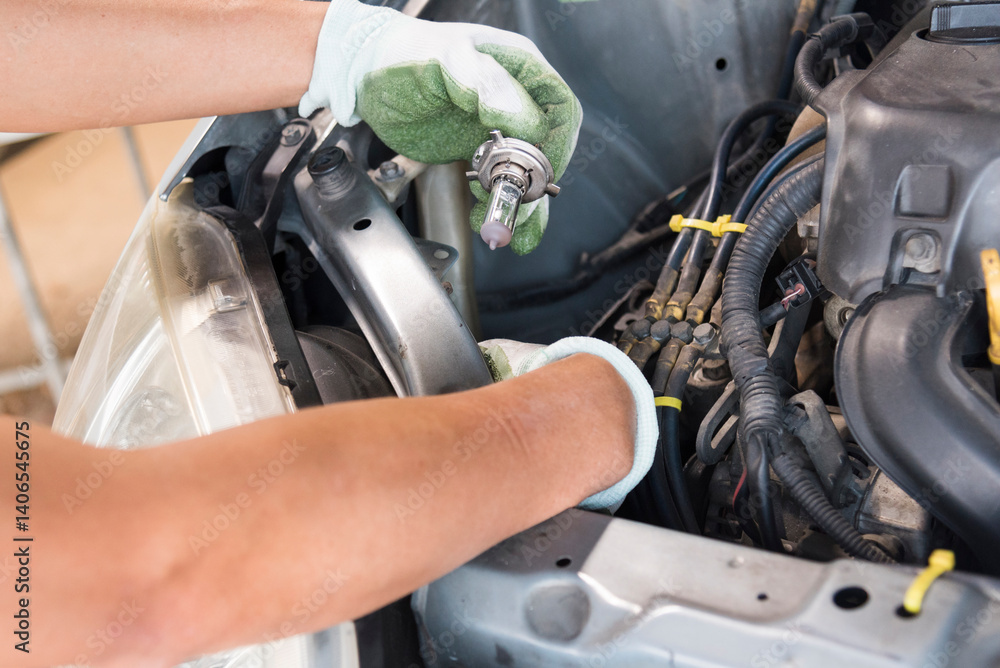 Fototapeta premium The man replace car headlight bulb in old car