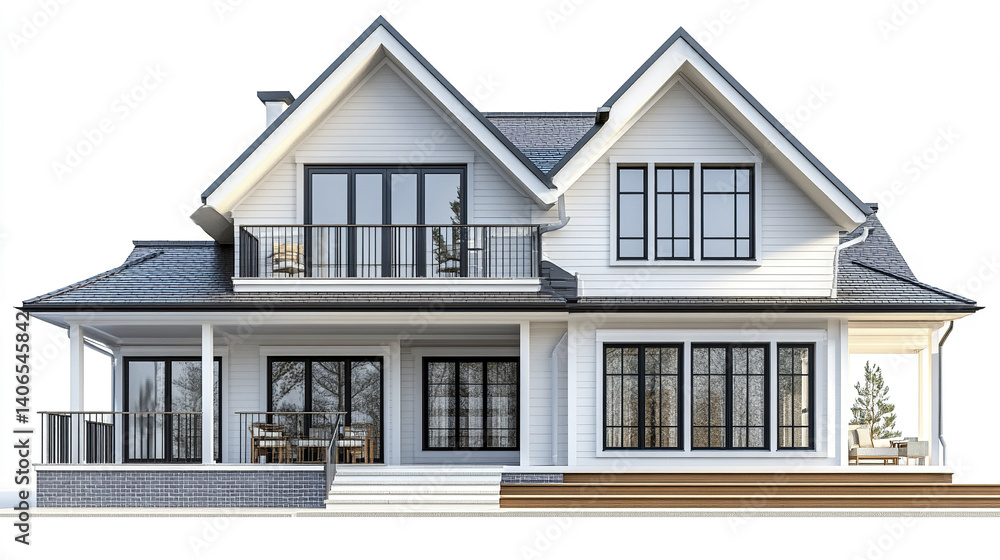 Modern two story house with large windows and spacious porch Modern two story house with large windows and spacious porch