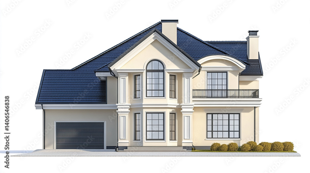 Elegant two story house with blue roof and large windows Elegant two story house with blue roof and large windows