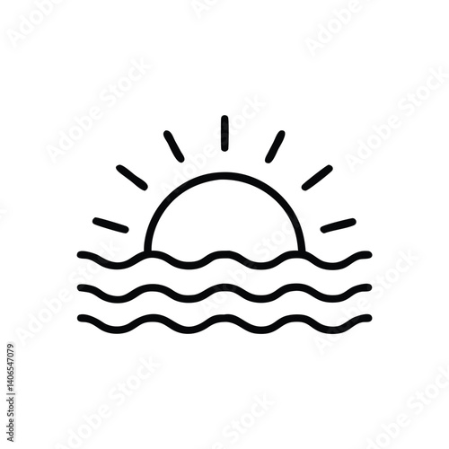 Minimalist Sun Rising Over Ocean Waves Black And White Line Art