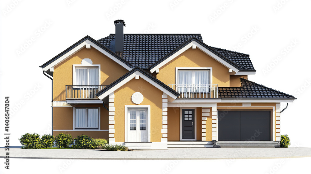 Modern yellow house with black roof and garage, surrounded by shrubs Modern yellow house with black roof and garage, surrounded by shrubs