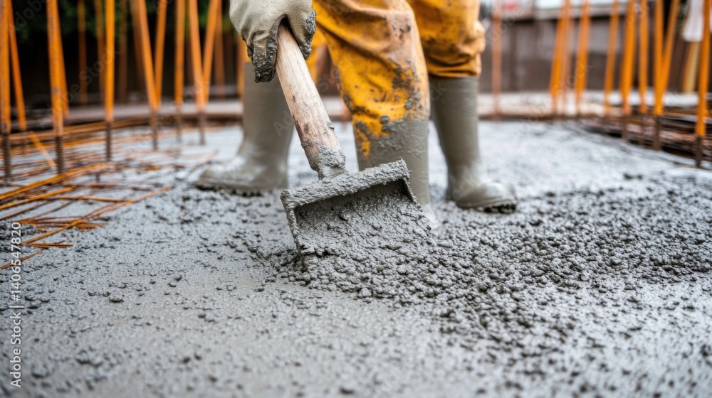 Concrete worker pouring concrete into a mold at a site. Featuring construction process Concrete worker pouring concrete into a mold at a site. Featuring construction process