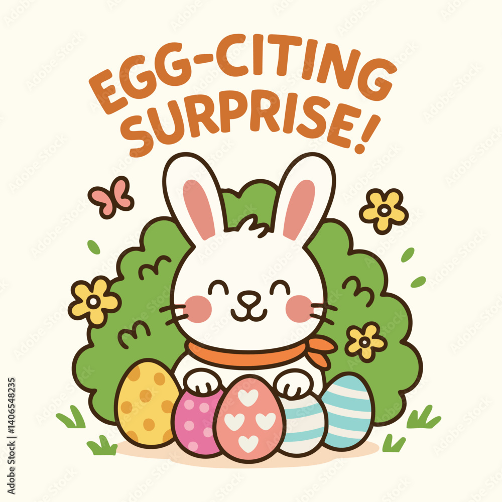 Egg citing surprises await on Easter day as cheerful bunny sits among colorful eggs surrounded by flowers and butterflies, bringing joy and delight to festive celebration Egg citing surprises await on Easter day as cheerful bunny sits among colorful eggs surrounded by flowers and butterflies, bringing joy and delight to festive celebration