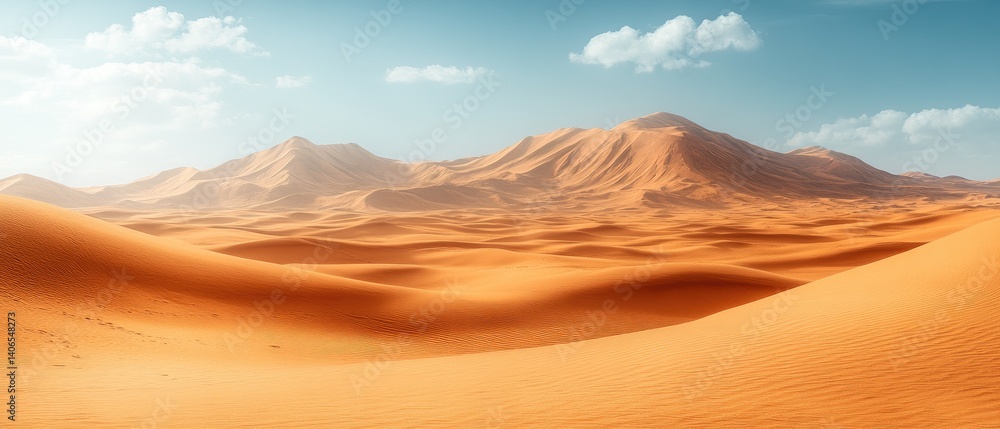Naklejka premium Sweeping sand dunes stretch toward horizon under a blue sky. Ripples & peaks create the textured scenery