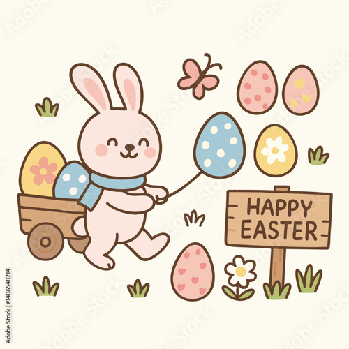 cheerful bunny celebrates Easter day by pulling cart filled with colorful eggs while butterfly flutters nearby. scene is bright and festive, perfect for holiday spirit