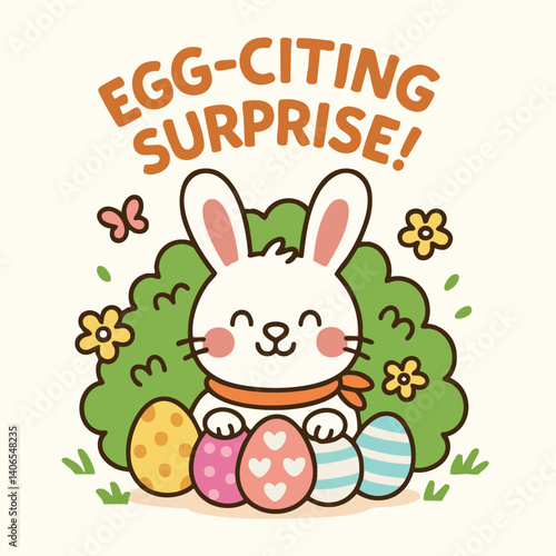 Egg citing surprises await on Easter day as cheerful bunny sits among colorful eggs surrounded by flowers and butterflies, bringing joy and delight to festive celebration