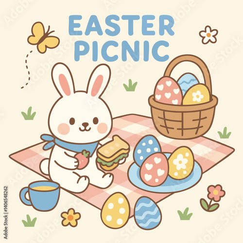 Easter is joyful day filled with colorful eggs and delightful picnics. cute bunny enjoys sandwich and strawberries while surrounded by decorated eggs and flowers