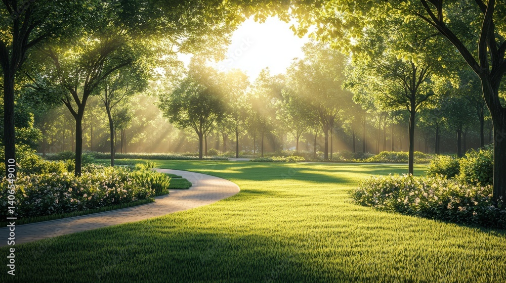 Fototapeta premium A serene park scene bathed in sunlight, featuring lush greenery, trees, and a winding path, creating a peaceful atmosphere.