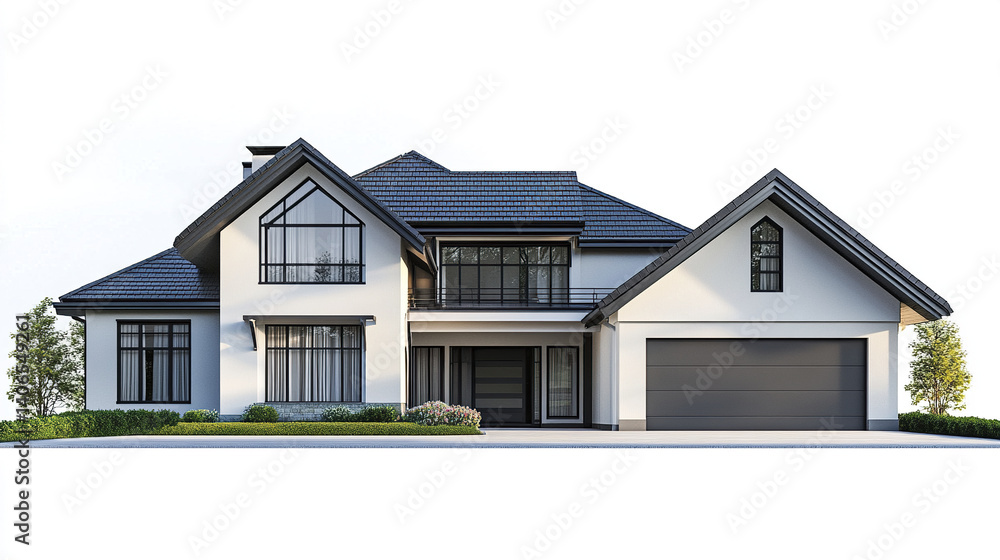 Modern two story house with large windows and spacious garage Modern two story house with large windows and spacious garage