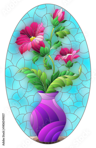 Illustration in the style of a stained glass window with a floral still life, a vase with pink  flowers  on a blue background, oval image