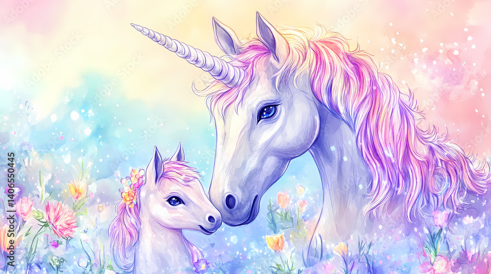 Fototapeta premium Magical Bond Watercolor Unicorn Mother and Baby for Mother’s Day,Generative Ai