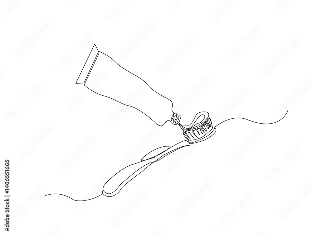 Obraz premium Continuous line art drawing of toothbrush and toothpaste . Dental toothbrush in line art drawing vector illustration. Editable stroke.