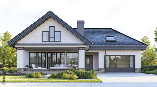 Modern house with large windows and gabled roof, surrounded by greenery