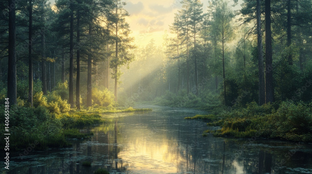 A serene forest scene at sunrise, featuring tall trees reflecting on a calm river, illuminated by soft rays of light. A serene forest scene at sunrise, featuring tall trees reflecting on a calm river, illuminated by soft rays of light.