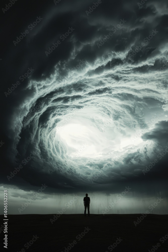 Fototapeta premium Dramatic Storm Clouds Over Lone Figure in Atmospheric Landscape