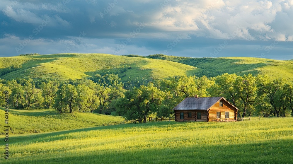 Free Lush green hills with a solitary cabin surrounded by tall trees under a rich sky. Stock Photo Free Lush green hills with a solitary cabin surrounded by tall trees under a rich sky. Stock Photo