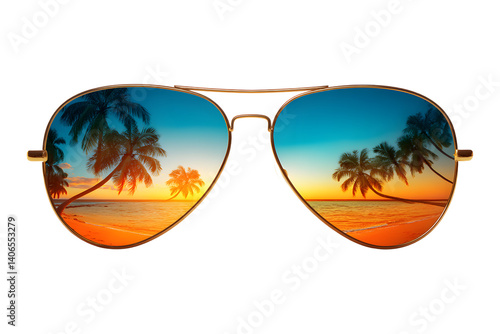 Tropical Beach Sunset Reflected in Aviator Sunglasses: A Summer Paradise Vision