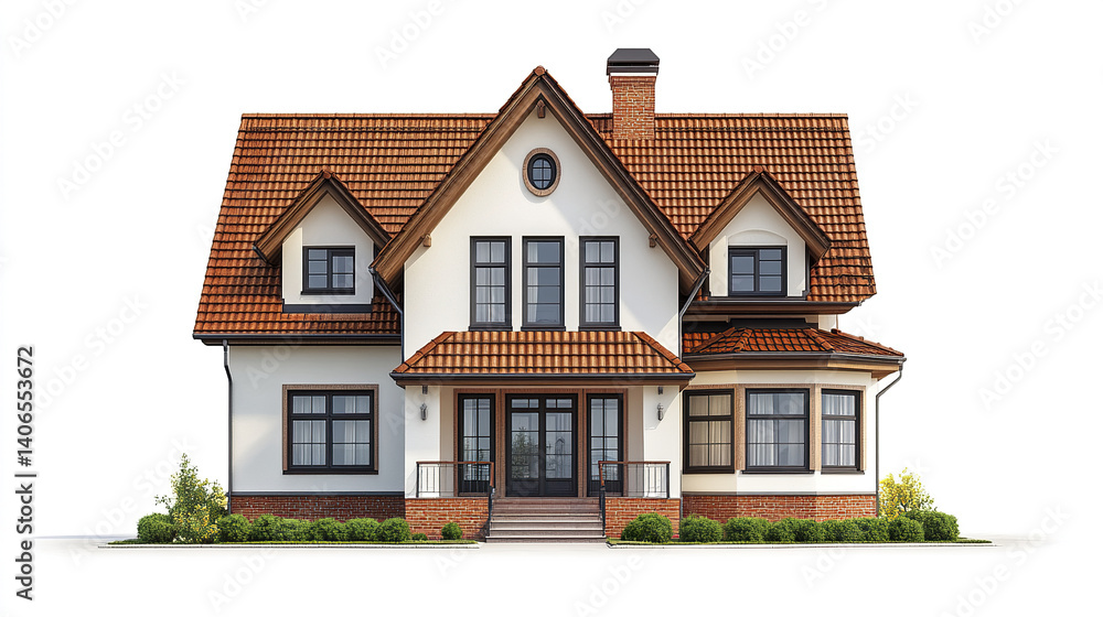 Charming residential house with red roof and white facade, surrounded by greenery Charming residential house with red roof and white facade, surrounded by greenery