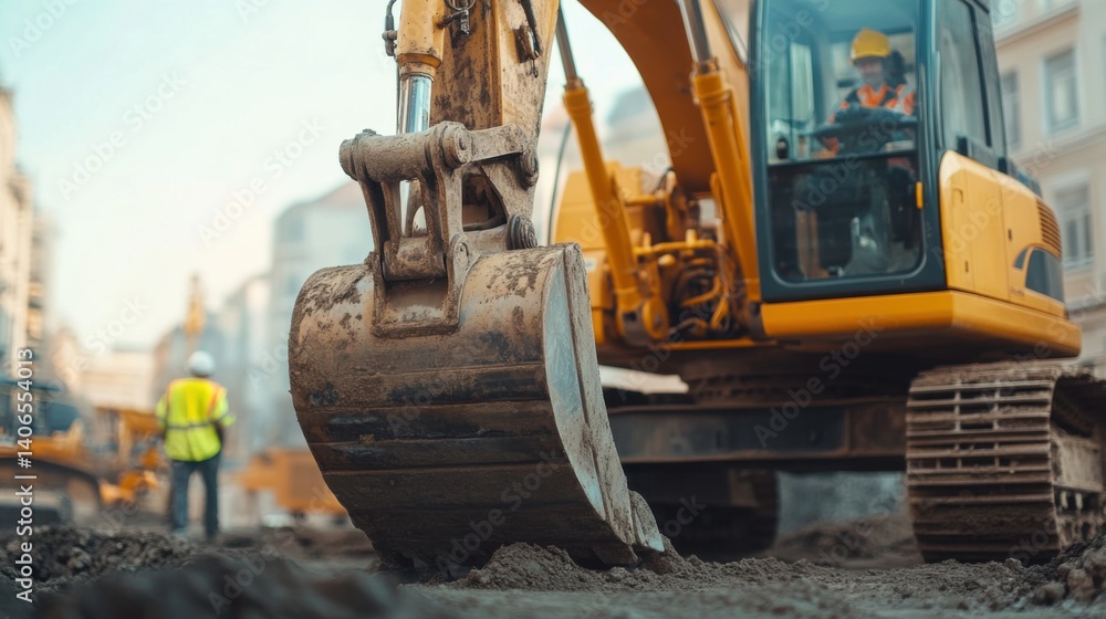 Construction laborer operating an excavator on a construction site. Featuring machinery operation Construction laborer operating an excavator on a construction site. Featuring machinery operation