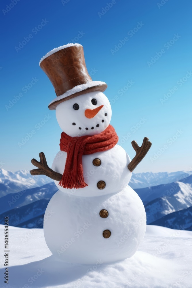 Obraz premium snowman with red scarf and hat on top of a mountain