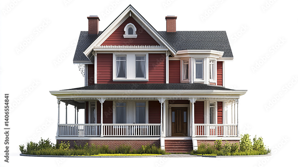 Fototapeta premium charming red house with wraparound porch and gabled roof